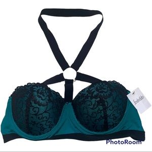 NWT Frederick’s Green Lace Halter Harness Padded Push-up Bra M 34C